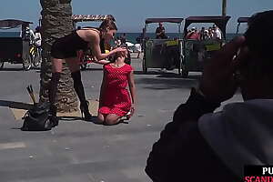 Red-faced public sub gagged and stripped at the end of one's tether her master