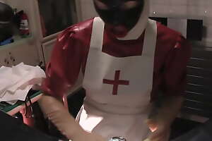 Rubbernurse Agnes - sanitarium red nurse dress, white apron, black fellatio mask, Part 1: blowjob, handjob, prostata massage