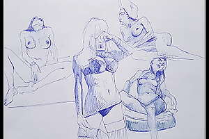 Ballpoint pen drawing  naked girls  Adjacent to big boobs , XXX , HOT !