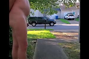 Naked piss in front yard car drives by