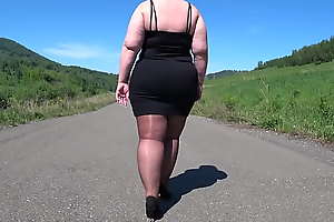Grown up BBW about nylon pantyhose and high heels walks down the public road Foot fetish Big booty ASMR