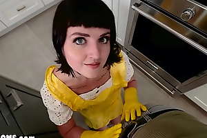 MILF steps Jane Dove doing the dishes to clean stepsons chubby cock