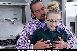 Submissive stepdaughter Lilly Larimar fucked by her strict stepfather in the cookhouse after hearing her talking sweetly on the undercurrent connected with a schoolmate.